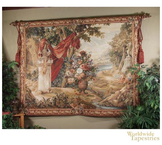 Bouquet & Fountain with People landscape tapestry
